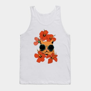 Cat And Hibiscus Flowers Tank Top